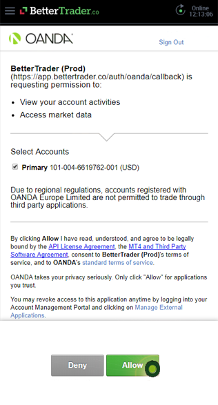 Allow permissions OANDA in BetterTrader trading app