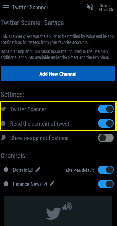 Control the settings of the twitter scanner