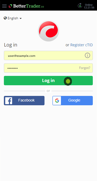 Fill username and password to cTrader at bettertrader trading app