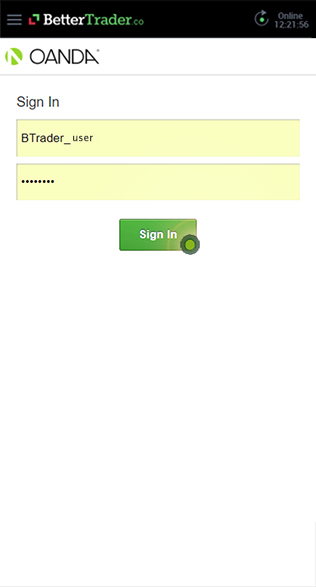 Fill login and password at OANDA in BetterTrader trading app