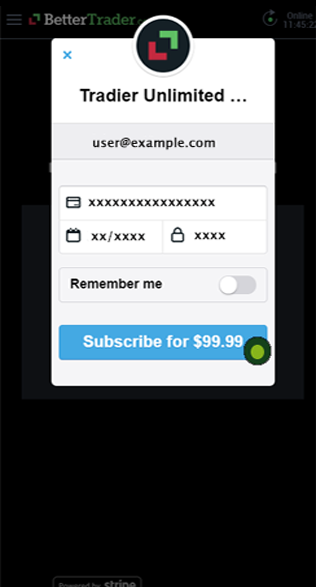 fill credit card information for tradier unlimited at BetterTrader trading app